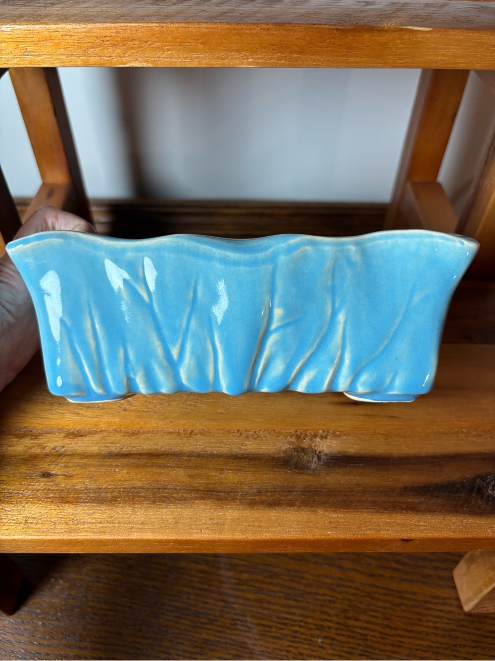 Vintage McCoy Glossy Blue Glaze scalloped wavy rectangular planter
